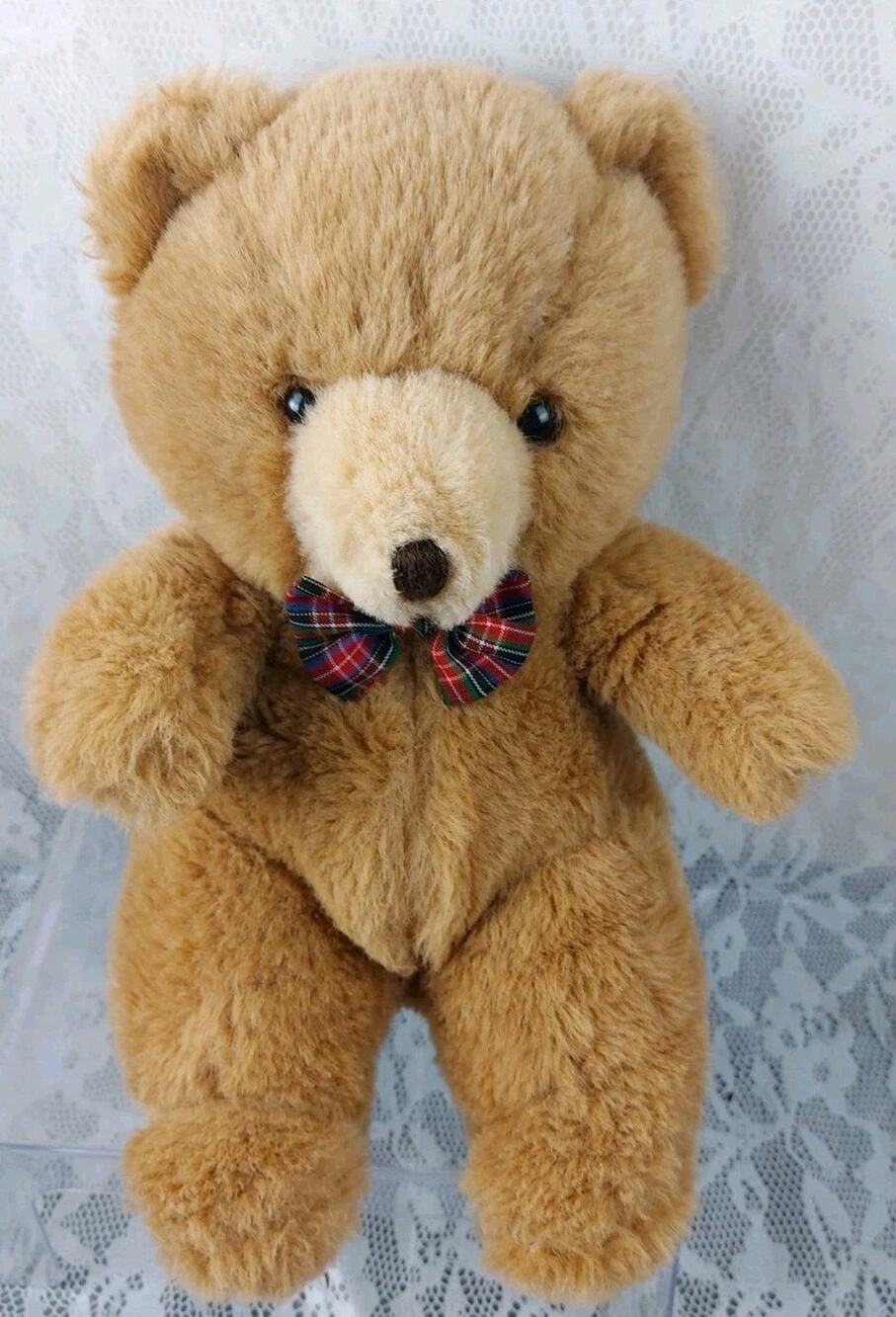 Vintage Cuddle Wit Teddy Bear Brown Plaid Bow 14" Plush Stuffed Needs Repaired